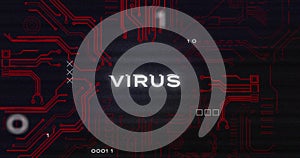 Image of interference over virus text, data processing and computer circuit board