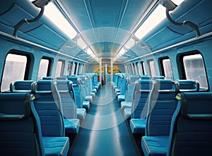 Image with the interior of border train. A odern train with comfortable and colorful chairs. created with Generative AI technology photo