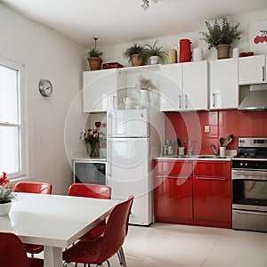 Interior of light kitchen with red fridge white counters and dining table