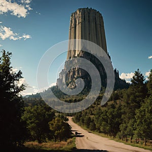 An intimidating view of Devil's Tower National Monument made with Generative AI