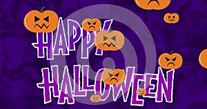 Image of jack o lanterns moving over happy halloween and bats on purple background