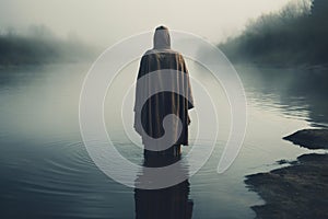 Image of Jesus Christ dressed in tunic standing in water for baptism.
