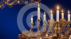 image of jewish holiday Hanukkah background with menorah traditional candelabra and burning candles, AI Generative