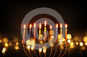 image of jewish holiday Hanukkah background with menorah & x28;traditional candelabra& x29; and burning candles