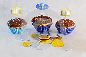 Image of jewish holiday Hanukkah with traditional Candelabra kapcake