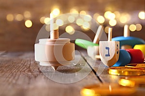 Image of jewish holiday Hanukkah with wooden dreidels