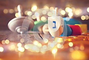 Image of jewish holiday Hanukkah with wooden dreidels