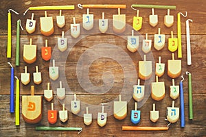 Image of jewish holiday Hanukkah with wooden dreidels