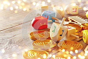 Image of jewish holiday Hanukkah with wooden dreidels