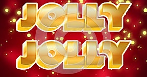 Image of jolly text over snow falling on red background