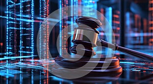 The image of a Judicial Gavel placed prominently within an Artificial Intelligence Data Center