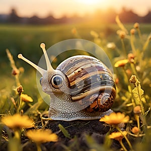 image of karla gerard African garden snail crawling in meadow in mixed with Ioish and Da Vinci art style.