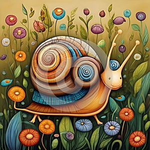 image of karla gerard African garden snail crawling in meadow in mixed with Ioish and Da Vinci art style.