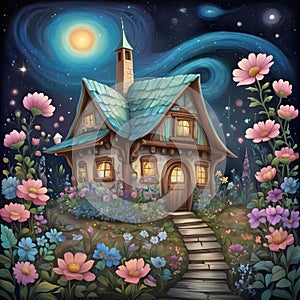 image of karla gerard beautiful fairyland cottage surrounded by gorgeous flowery plants art style.