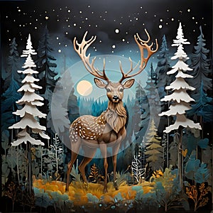 image of karla gerard style mixed with Loish style of a coniferous forest with deer in the background.