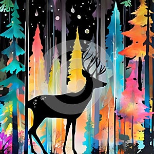 image of karla gerard style mixed with Loish style of a coniferous forest with deer in the background.