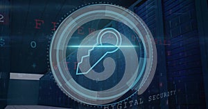 Image of key icon and security scanner interface over processing data