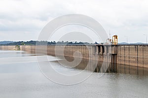 Image of Khun Dan Prakan Chon Dam in Nakhon Nayok Thailand to store water during rainy season in dry to prevent flooding.