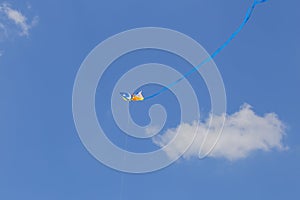 Image of a kite flying in the blue sky with a long blue ribbon