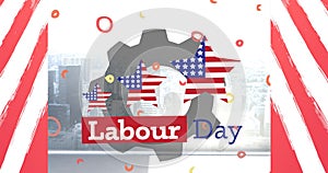 Image of labor day text over cityscape