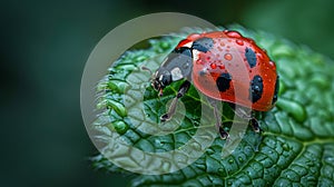 An image of a ladybug sitting on a green leaf.