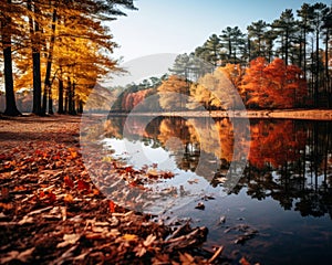 an image of a lake surrounded by trees in the fall