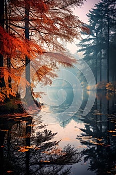 an image of a lake surrounded by trees in the fall