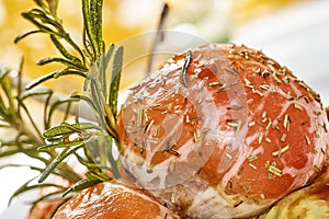 Image of lamb chops on a bed of vegetables Eggplant stuffed with vegetables