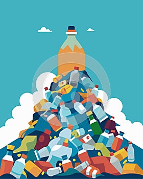 An image of a landfill overflowing with singleuse plastic bottles creating a mountain of waste.. Vector illustration.