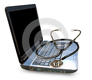 image of a laptop and stethoscope on a white background
