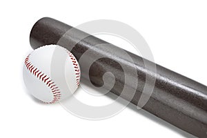 Image of Laquered Wooden Brown American Baseball Bat Along With Clean Leather Ball Placed Together Over White Background
