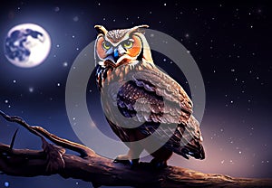 An image of a large nocturnal bird, a fairy owl and a full moon.