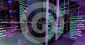 Image of layers of data processing on interface screens over computer server room