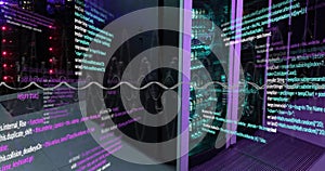 Image of layers of data processing on interface screens over computer server room
