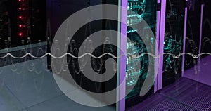 Image of layers of data processing on interface screens over computer server room