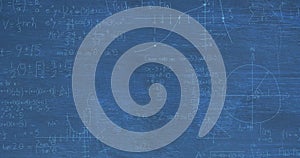 Image of layers of mathematical formulae and equations over blue chalkboard