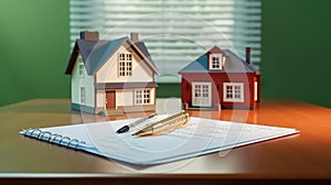 The image of a layout of toy houses with a pen, on a floor plan, the essence of home ownership