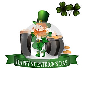 Image Leprechaun, glass of dark beer, clover leaves and pot of gold coins. Greeting inscription Happy Patrick Day