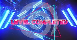 Image of level completed text over neon pattern background