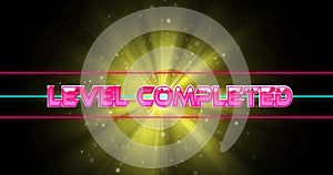 Image of level completed text over neon pattern background