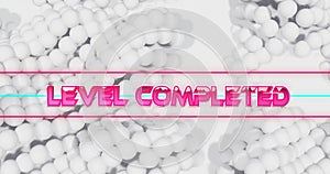Image of level completed text over white shapes moving