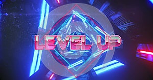 Image of level up text over neon pattern background