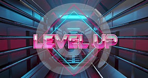 Image of level up text over neon pattern background