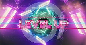 Image of level up text over neon pattern background