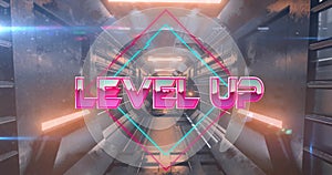 Image of level up text over neon pattern background