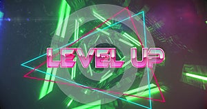 Image of level up text over neon pattern background