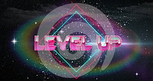 Image of level up text over neon pattern background