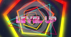 Image of level up text over neon shapes on black background
