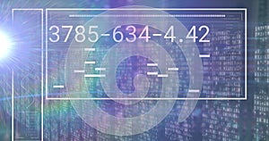 Image of light spot and data processing against screens of mosaic squares on blue background
