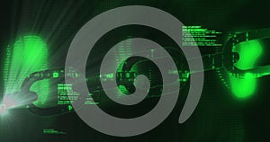 Image of light spot over security chain icon and data processing against green background